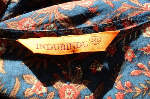 Indian Woodcut L Cotton Shift Dress LS Knee Navy Blue Red Scoop Indubindu - Picture 4 of 10