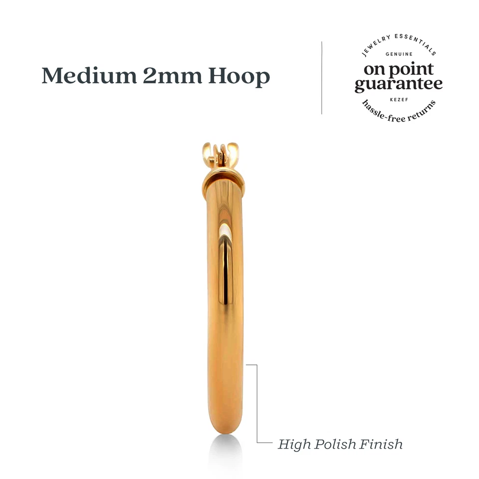 Pendientes de aro de oro de 14K de 2 mm de ancho acabado alto pulido oro blanco o amarillo Foto 4 de 4