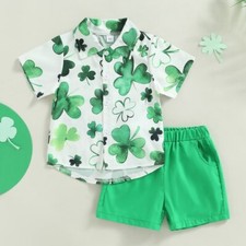 NEW St Patrick's Day Shamrock Boys Short Sleeve Button Shirt  Shorts Outfit Set