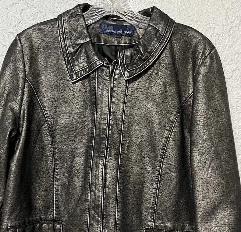 Chaqueta de cuero sintético negra Susan Graver medidas abrigo con cremallera completa forrado medio Foto 2 de 4