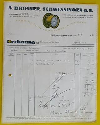 S.BRONNER  Fabrikation von Einsteck - Werken Schwenningen a.N. RECHNUNG 3.9.30