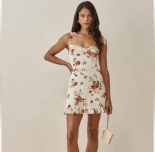 Reformation Christine Ruffled Red Floral Print Maureen Mini Dress Cream Sz 0