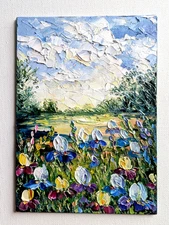 IRISES Original OIL Impasto PAINTING Flower Impressionism 7"x 5"Olga Diduh