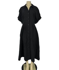 Madewell Large Women Pleated Button Up Midi Shirtdress Linen NU580 Black S21v