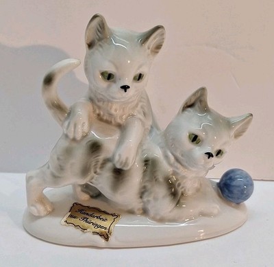 1960s Vintage GDR Gräfenthal Figurine #9441 Germany Kittens With Blue Ball Gift