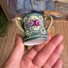 Antique Moriage Hand Painted Raised Relief Triple Handle Porcelain Demitasse Cup
