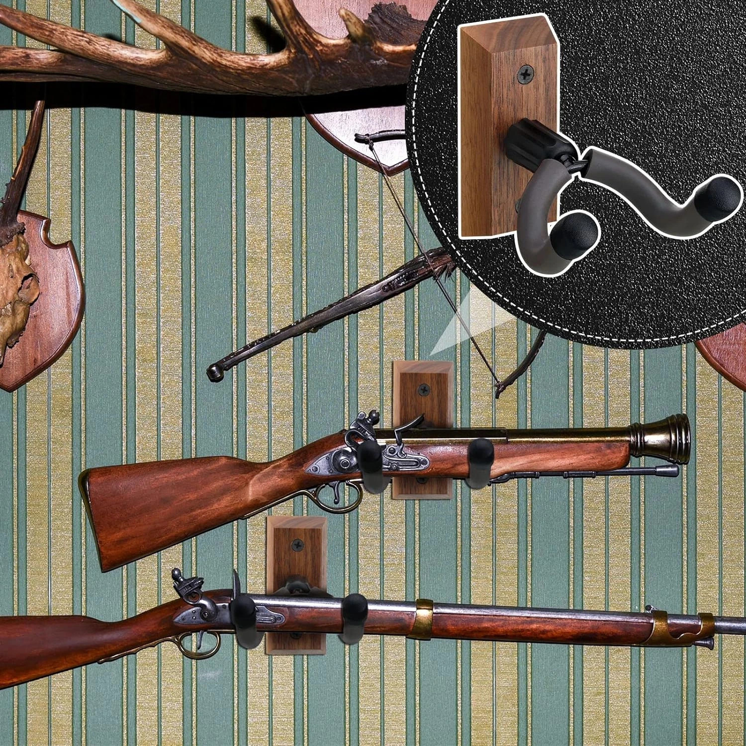 2 Pcs Crossbow Hanger for Wall Vertical Gun Rack Wall Mount Hardwood Gun Holder