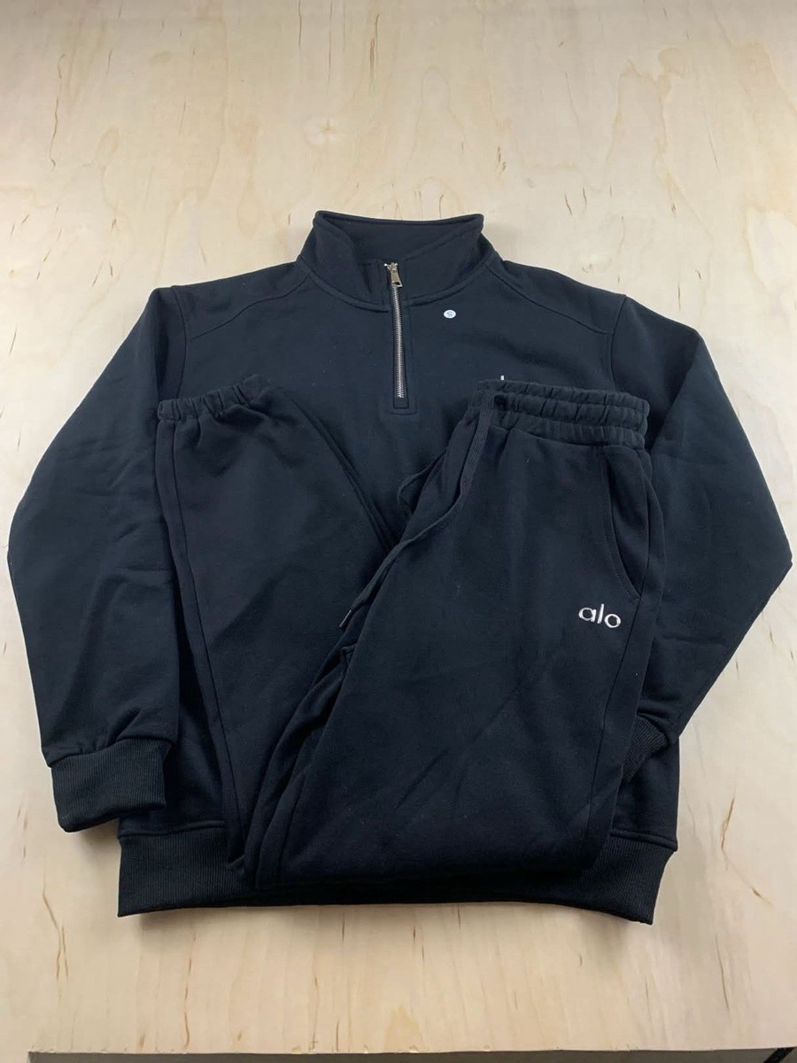 ALO Men's Black Tracksuit Sweatsuit Set 1/4 Zip Pockets Mock Neck