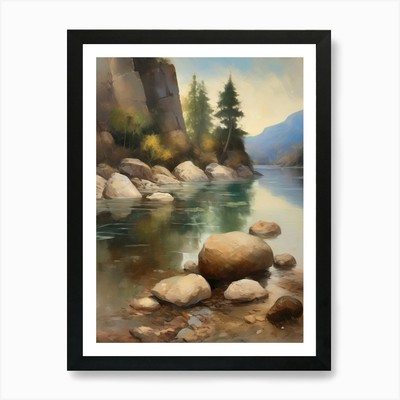 Waldsee, Vintage Ölgemälde, Fa gerahmtes Wandbild Poster Leinwanddruck Bild