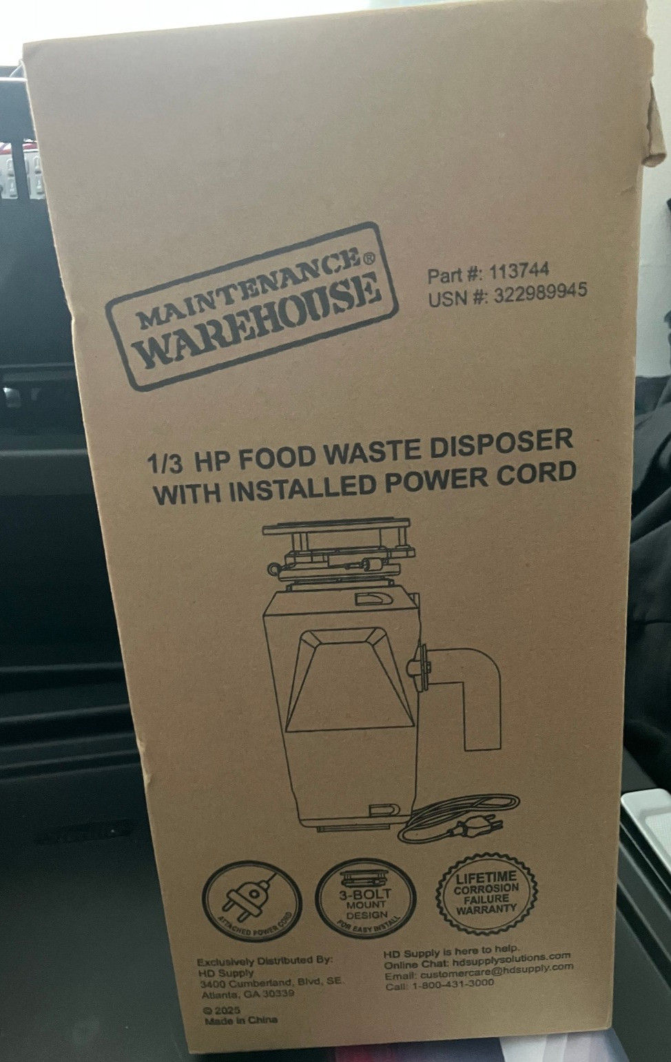Maintenance Warehouse Garbage Disposal 1/3 HP WITH POWER CORD