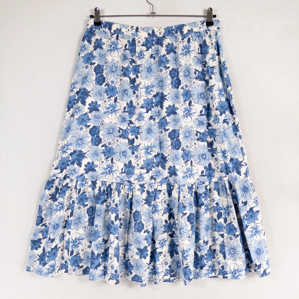 Lucky Brand Midi Skirt Womens Sz Large Blue White Floral Linen Blend Cottage - Image 3 of 4