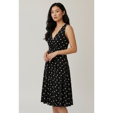 Lauren Ralph Lauren Black White Polka Dot Dress Faux Wrap Ruched Fit Flare