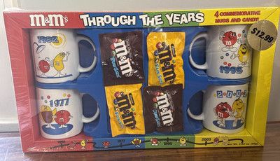 M&M's Through the Years Ceramic Coffee Mug Gift Set of 4 2003 New Yellow & Red