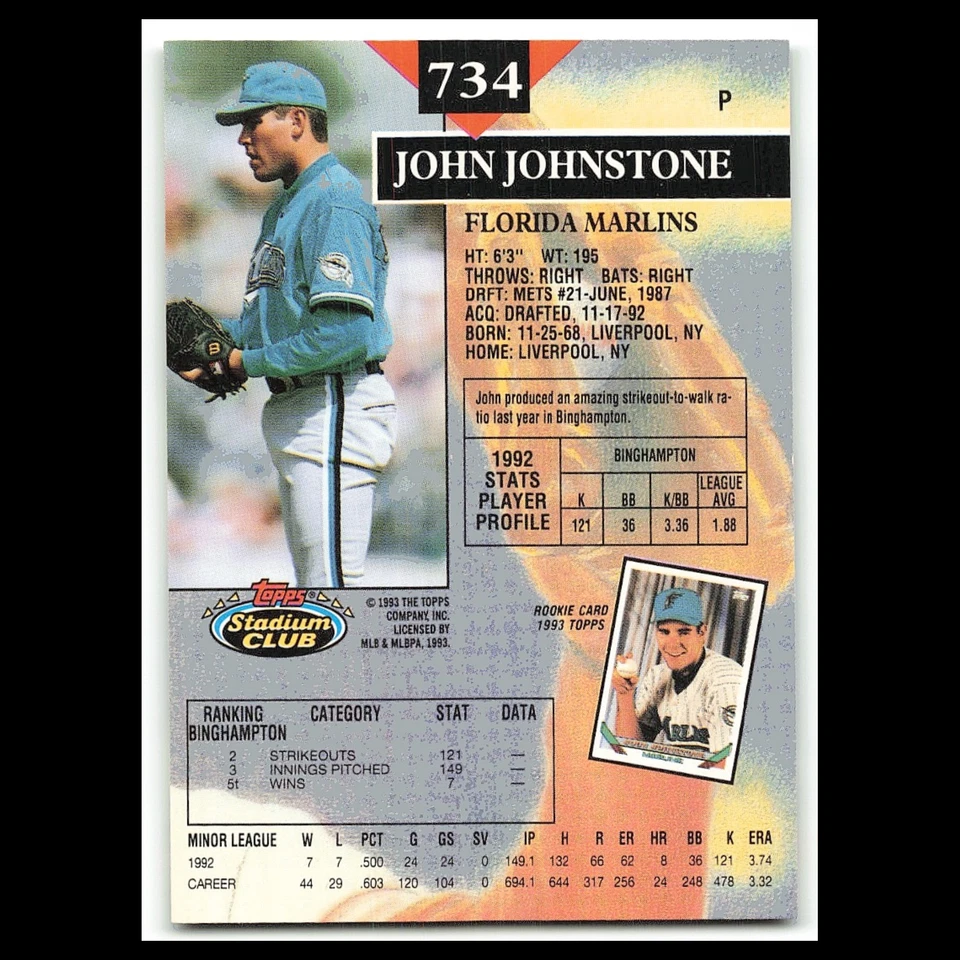 John Johnstone Rookie #734 1993 Topps Stadium Club Florida Marlins Baseball Card - Image 2 of 3