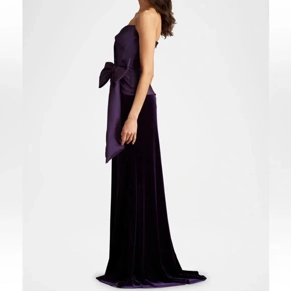 Vestido de veludo Tadashi Shoji roxo sem alças detalhe de laço mídia mista tamanho 10 $458 - Imagem 2 de 4