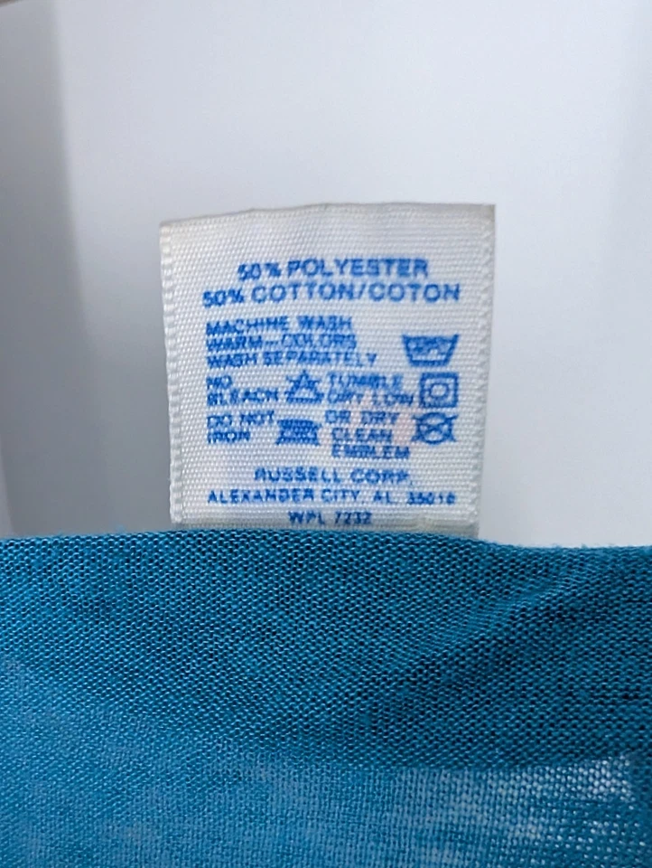 Camiseta Russell Athletic Vintage Papel Fina 5050 Azul Aqua EE. UU. 2XL Desteñida Foto 4 de 4