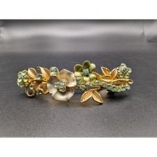 Vintage Floral Gold Tone Barrette Green Rhinestone Flower Hair Clip Accessory