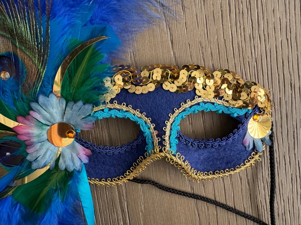 Vintage Gypsy Renaissance Large Blue  Bedazzled Feathered Masquerade Mask - Image 4 of 4