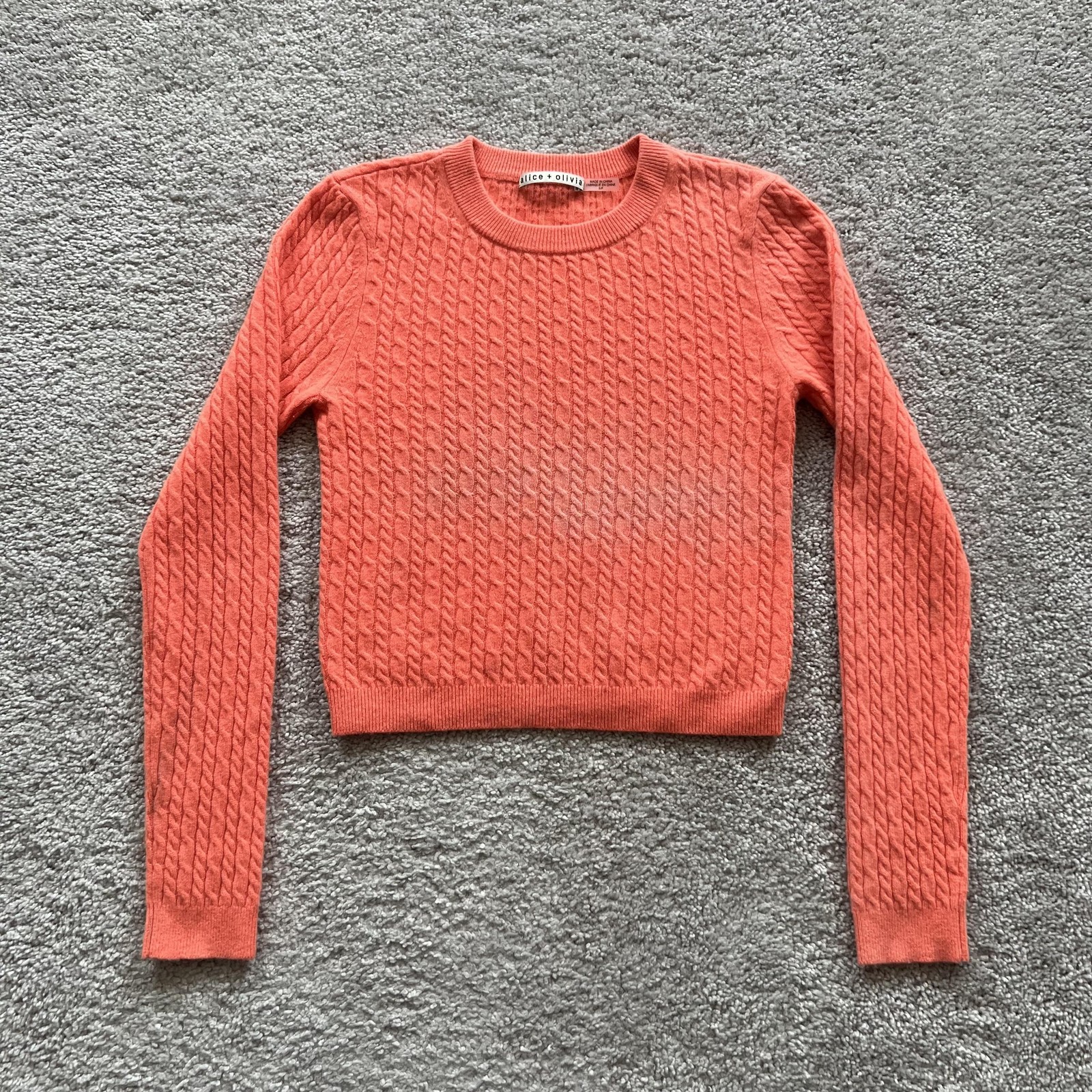 Alice + Olivia Ciara Cropped Cable Knit Cashmere Sweater Womens S Deep Coral