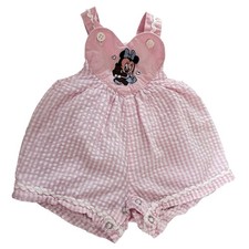 Vintage Disney Babies Minnie Mouse Pink Gingham Bubble Overalls Romper 90s Bear