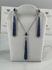 14K or Blanc Diamant Saphir Bleu Collier Boucles Ensemble Bijoux Naturel