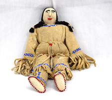 Vintage Leather Native American Handmade Smiling Doll Beads Yarn Moccasins Dress