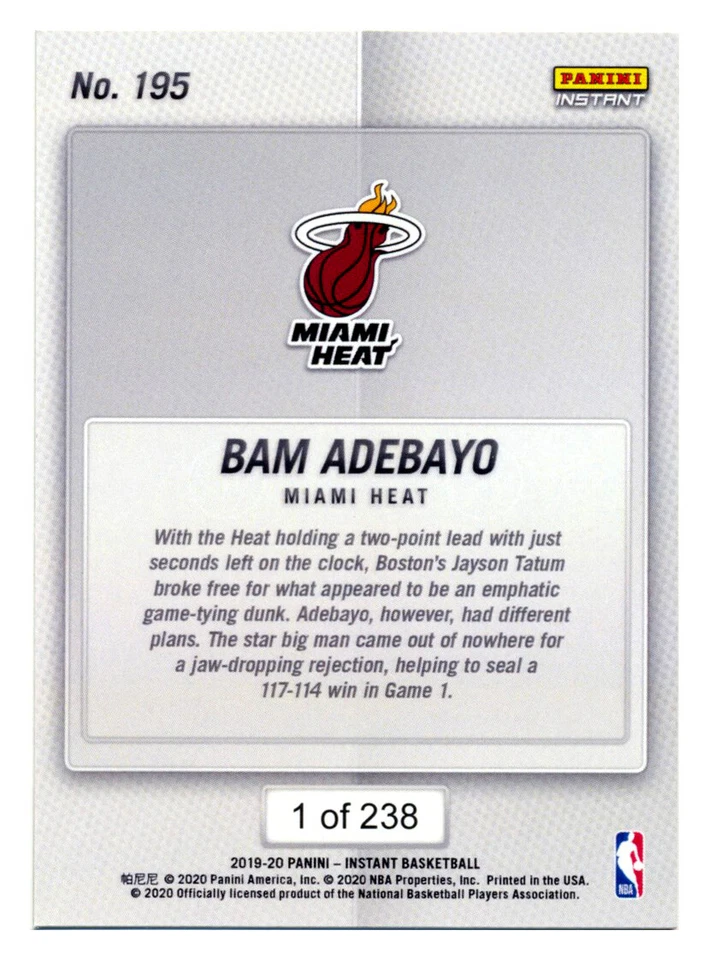 2019-20 PANINI INSTANT #195 BAM ADEBAYO ICONIC NBA PLAYOFFS BLOCK! RARE SP/238! - Image 2 of 2