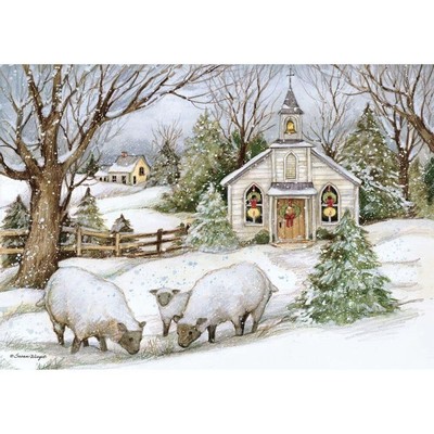 Weihnachtskarten Set „Lang Grazing Morning Petite“ – 12 Karten + 13 Umschläge, Mit Glitzer, Leinenprägung