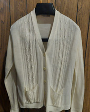 vintage Sears cardigan sweater white acrylic large 70s 80s grandpa cable knit
