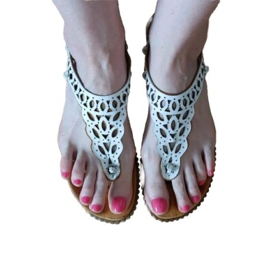 Sandalen Gizeh BUENO Zehentrenner Lochmuster Damen Gr.38,5/39 Weiß Leder Top