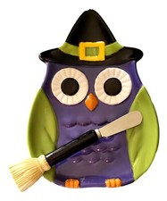 Witch Owl Serving Plate Set with Spreader Knife Halloween Appetizer Tray
