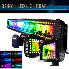 32" LED Light Bar RGB Chasing Halo Ring+4" LED Pods+Harness Roof For Jeep Truck