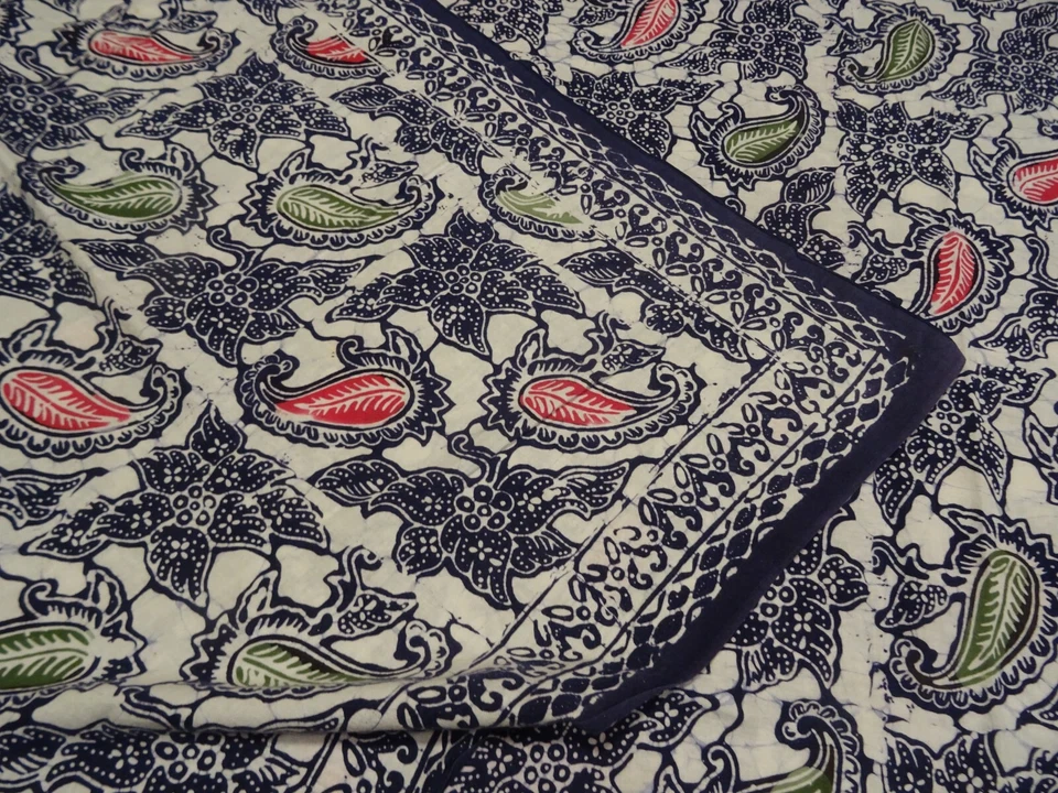 coton 2m,15x0,98  tenture ,vieux mur rideaux sari  batik les arabesques  bleues - Photo 2/4