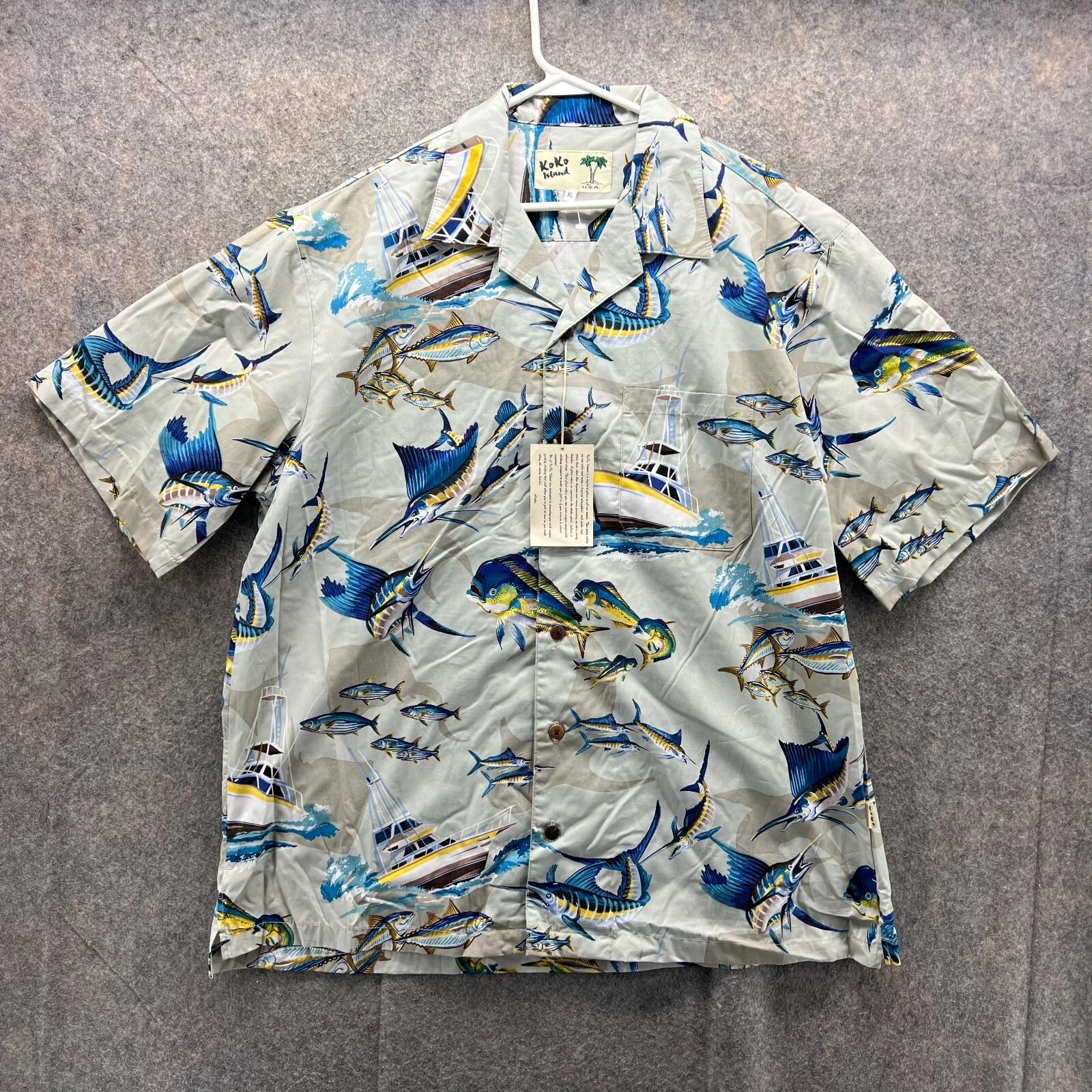 Koko Island Shirt Mens XL Gray Button Down Marlin AOP Short Sleeve Hawaiian New