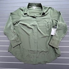 Nine West Womens Plus 0X Olive Green Button Down Shirt Long Sleeve Pocket