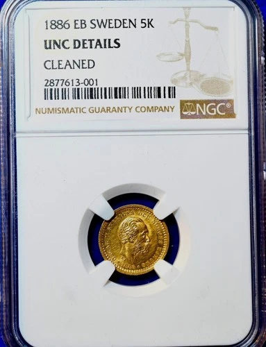 Sweden 1886 EB 5 Kronor GOLD NGC UNC Details, Collector & Gold Investment!