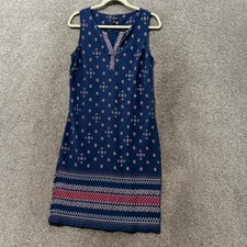 Talbots Shift Dress Womens Medium Blue Geometric Cotton Knit Sleeveless Coastal