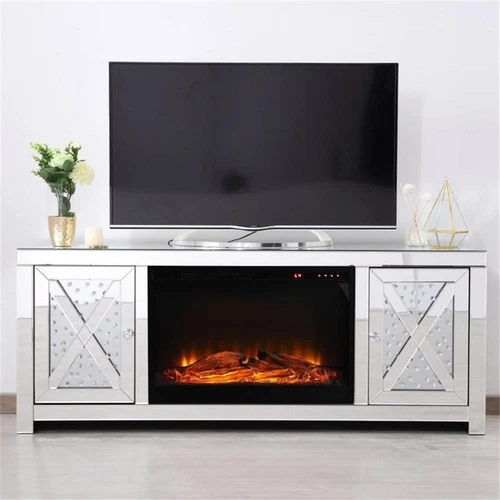 Elegant Decor Modern 2 Door 59" Clear Mirrored Faux Log Fireplace TV Stand - Picture 10 of 10