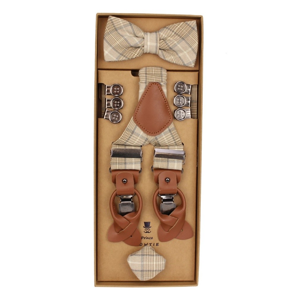 Prince Bowtie Men's Suspenders Bow Tie Pocket Square Set Beige Check SET512181T