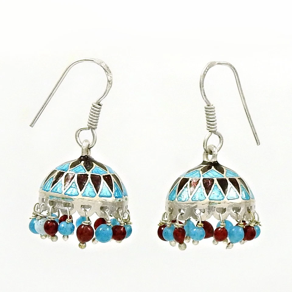 Blue Topaz Turquoise Dangle Enamel Jhumki Christmas Gift Earrings 925 Silver - Image 4 of 4