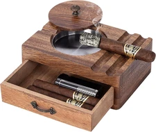 Cigar Ashtray Wooden Box - Windproof Lid, Stainless Steel Removable Bowl, Cigar