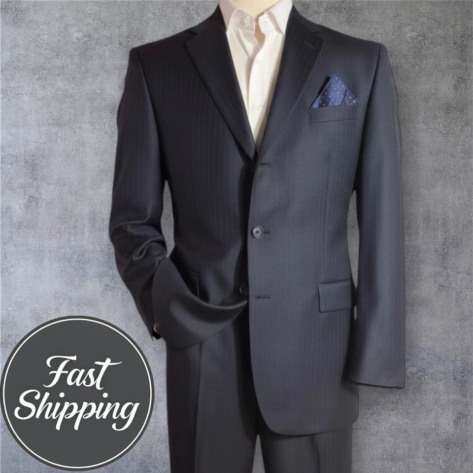 ALFANI Traje de Hombre 2 Piezas 44L Blazer 38x32 Pantalones Azul Marino Rayas Lana Virgen Foto 2 de 4