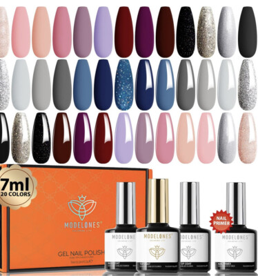 Modelones 24 Pcs Gel Polish Nail Kit, 20 Colors 7ml Popular A1 Navy Burgundy NIB