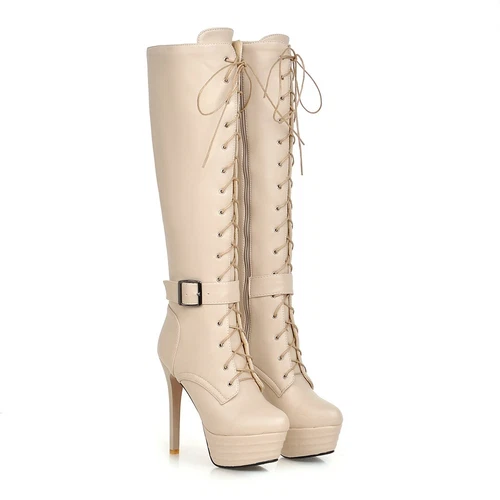 women Synthetic Leather High Heels Zipper Lace Up Shoes Knee Boots UK Size - Bild 17 von 43