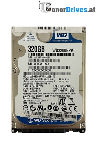 Western Digital WD3200BPVT-22ZEST0 - 320 GB - SATA - Pcb 2060-771672-004 Rev. A*
