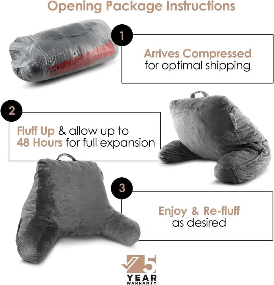 Reading & Bed Rest Pillows Grey Back Pillow for Bed, Bed Chair Arm