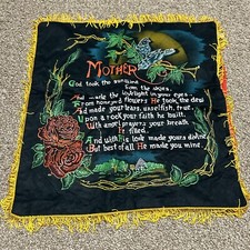 Vintage Mother Pillow Cover Black Velvet Yellow Fringe Birds Roses Poem 16x16