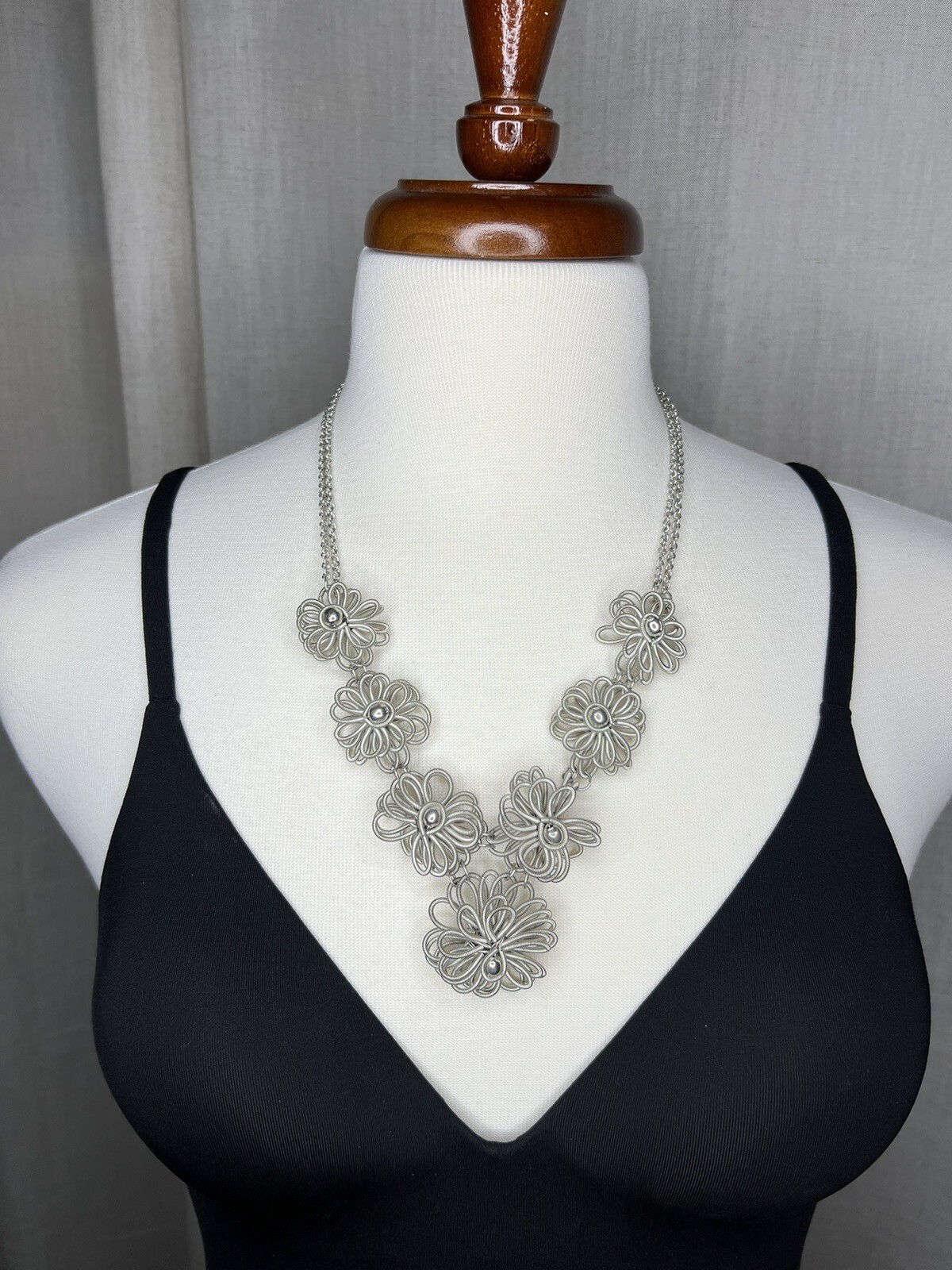 Silver Toned Multi Flower Statement Necklace - image 1