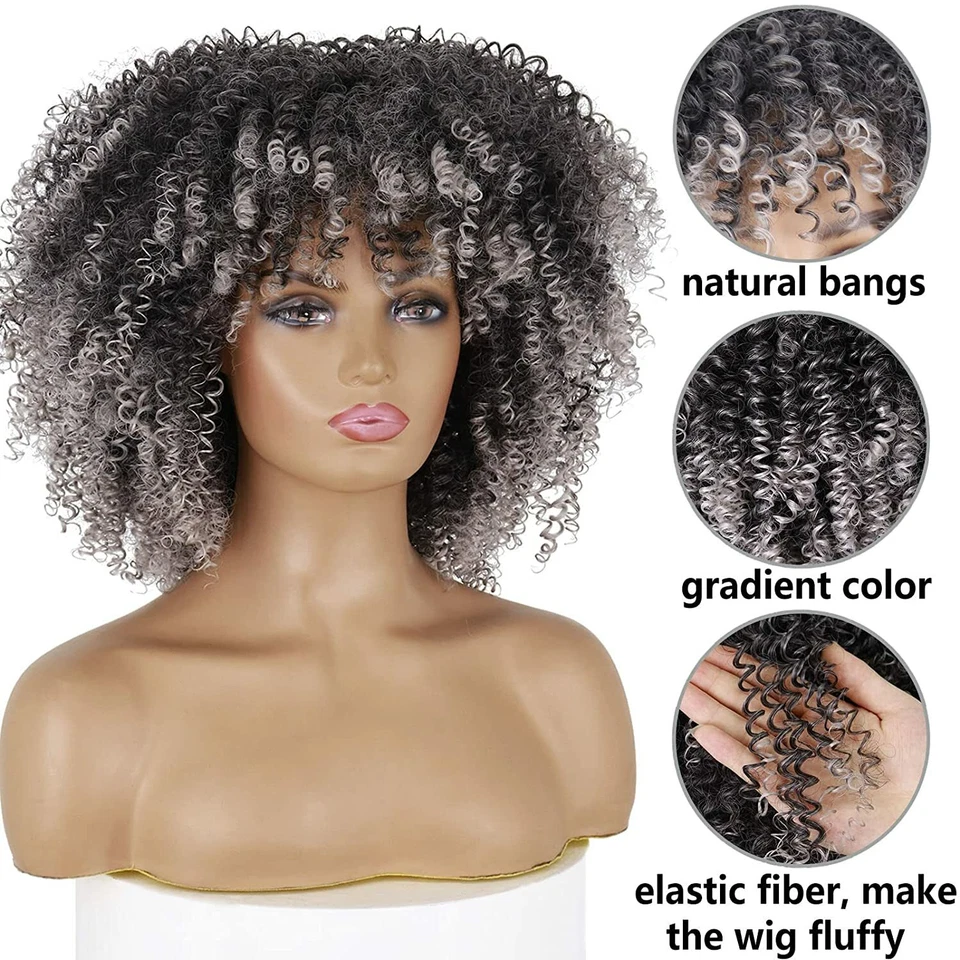 Peluca rizada afro gris ombre con flequillo sintético para mujer moda fiesta Foto 3 de 4