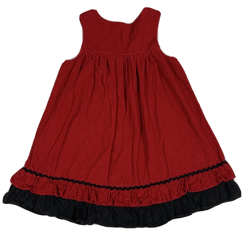 Red Black Dress Jumper Size 6X Retro Polka Dot Ruffle Applique Dogs - Image 2 of 4